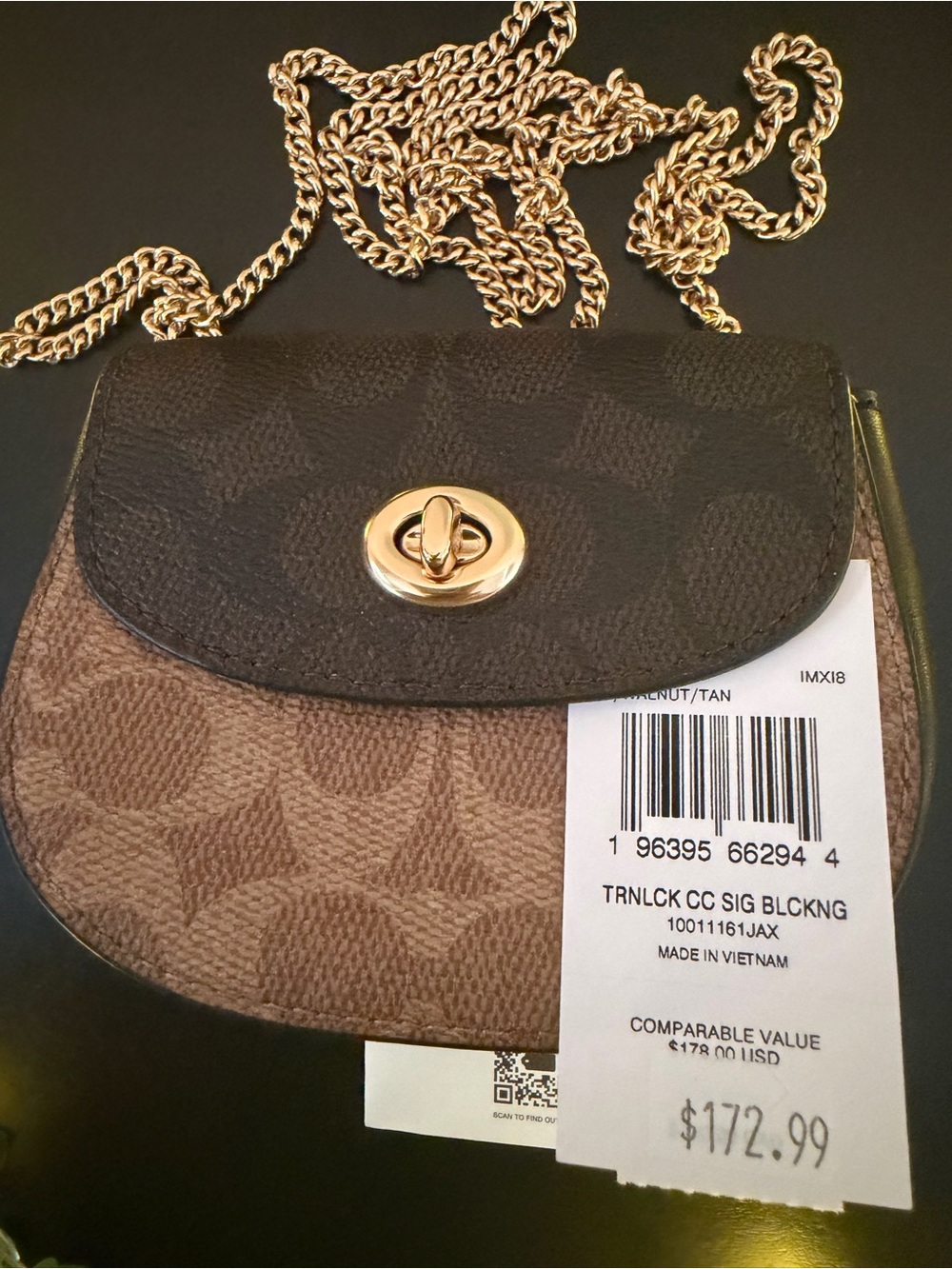 Coach Two-Tone Signature Turnlock Crossbody in Brown and Tan